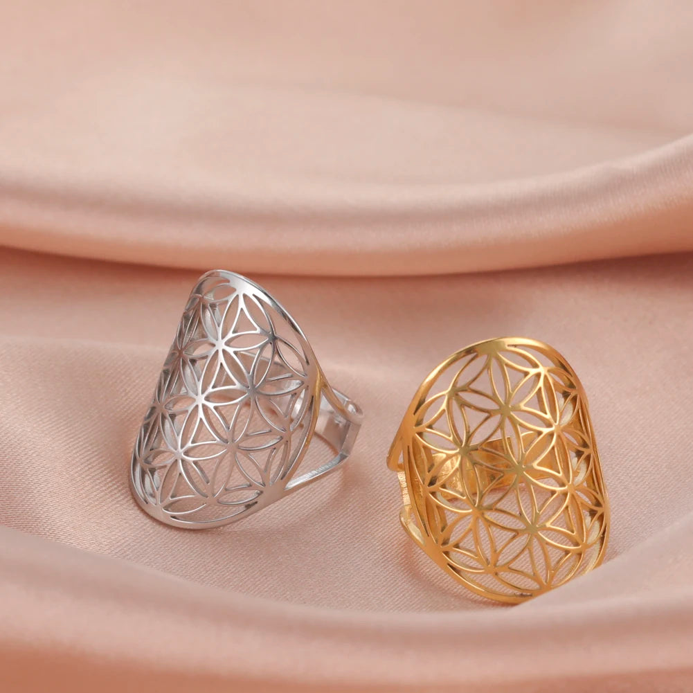 Unift Flower of Life Ring – Verstellbarer Edelstahlring für Damen und Herren | Vintage Geometrisches Design