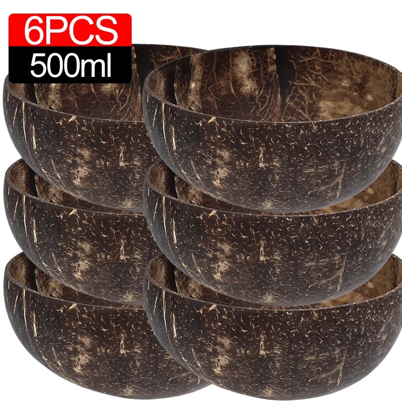 Natürliche Kokosnussschalen Set – 6/1 Stück Holzsalatschalen mit Löffel für Smoothies und Ramen