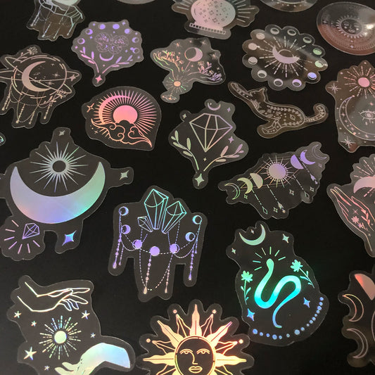 100 Stück Laser-Silber Aufkleber im Boho-Stil – Wasserfeste PET-Aufkleber mit Mond, Sonne, Diamant und Feder