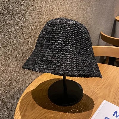 Stilvoller Koreanischer Strohhut für Damen – Sommerlicher Bucket Hat im Panama-Stil mit Visor und Handgewebtem Design