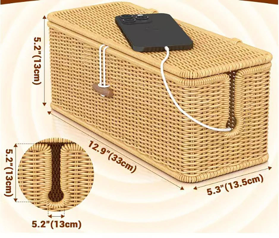 Skandinavischer Rustikaler Desktop Steckdosen-Organizer – Imitations-Rattan Aufbewahrungsbox für Kabel und Steckdosenleisten