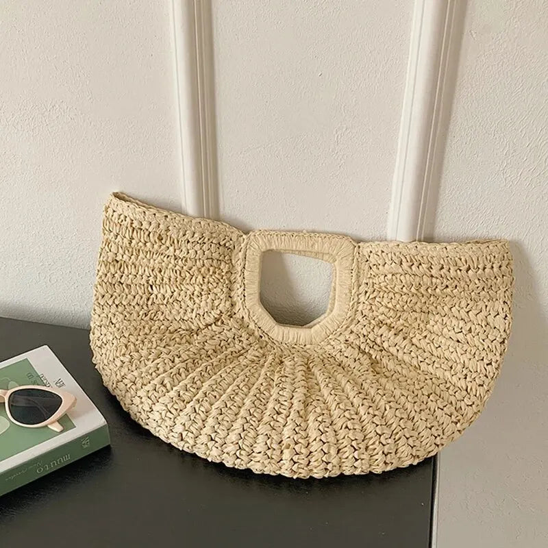 Sommer Stroh-Halfmoon-Handtasche für Damen – Handgefertigte Rattan-Tasche im Strandstil, Modisches Strick-Design