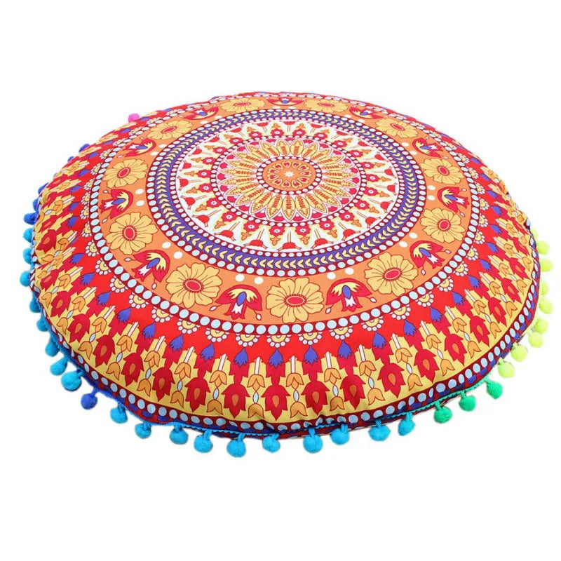 Runder Mandala Kissenbezug – Boho Stil Pouf Kissenhülle im Indianischen Design für Bodenpillow und Dekoration