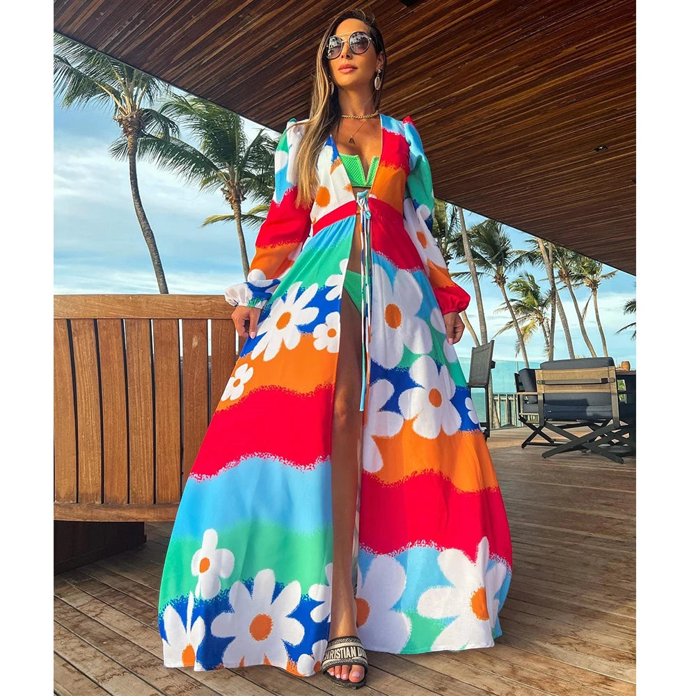 Bikini Beach Cover-Up Tunika mit Blätterdruck – Lange Kaftan Sarong Badeanzug Bedeckung für den Strand