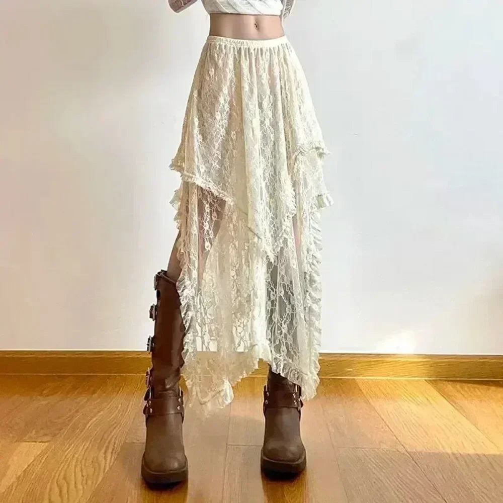 Lace Asymmetrischer Rock für Damen – Vintage Y2K Boho Ästhetik High Waist Mid Rock für Sommer-Urlaubs-Outfits