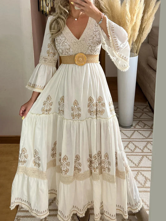 Damen Langarm Boho Spitzenkleid – Elegantes Vintage Strandkleid mit Auschnitten für Sommer und Urlaub