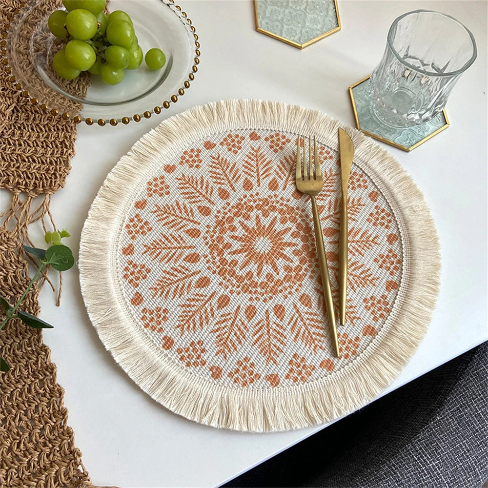 Boho Runde Tischmatte – Handgewebte Leinen-Tassel-Platzmatte mit Stickerei, Rutschfest, Isolierend, für Esszimmer und Küchen Dekoration