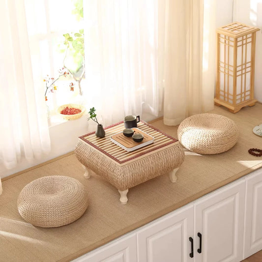 Minimalistischer Rattan-Couchtisch im Japanischen Stil mit Aufbewahrung – Schwebendes Fensterdesign aus Massivholz