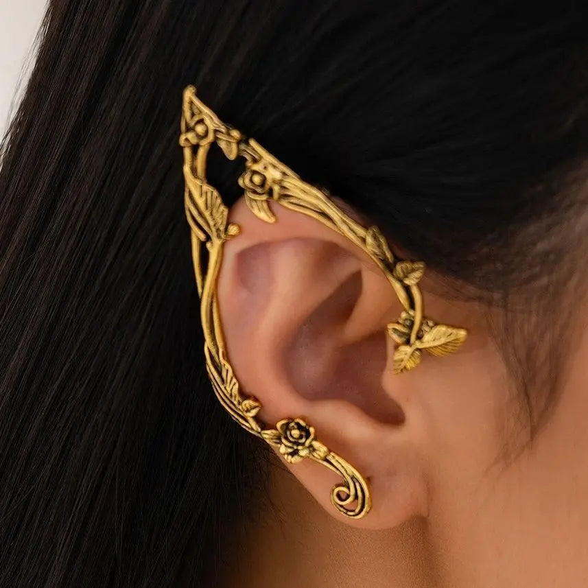 Elegante PuRui Goldene Elf Flower Leaf Ear Clip Ohrringe – Boho-inspirierte Schmuckaccessoires für Hochzeiten & Geschenke