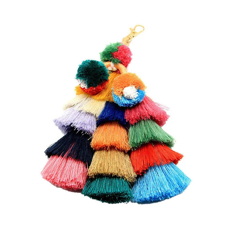 Bohemian Stil Quasten & Plüsch Ball Schlüsselanhänger – Dekorativer Rucksack Anhänger für Damen
