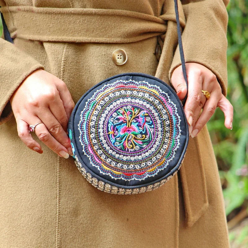 Vintage Boho Ethno Stickerei Rundtasche – Kleine Damen Umhängetasche