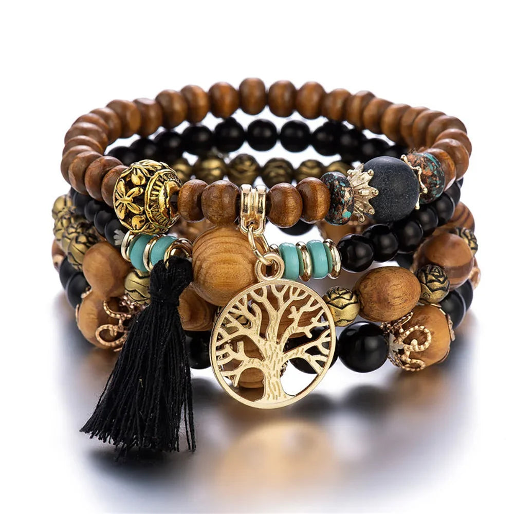 4-teiliges Boho Holz Perlen Armband Set für Frauen – Baum des Lebens mit weißen Fransen Charme, elastischer Kettenbangle, Bohemia Schmuck