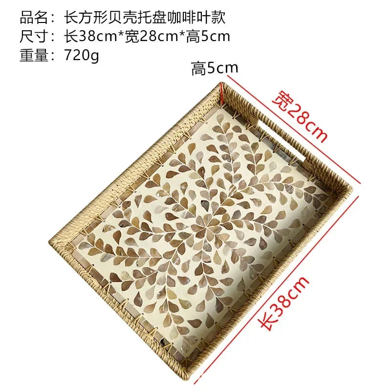 Rattan & Muschel Aufbewahrungstablett – Handgefertigt, Rund, für Wohnzimmer, Picknick und Luxus-Servierplatten