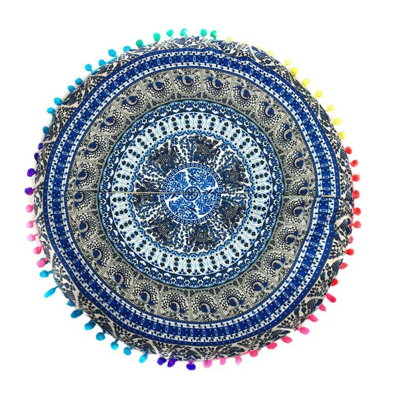 Runder Mandala Kissenbezug – Boho Stil Pouf Kissenhülle im Indianischen Design für Bodenpillow und Dekoration