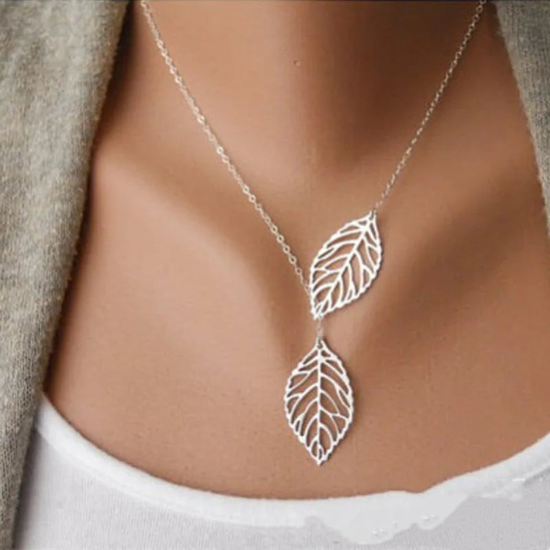 Doppelte Blätter Boho Halskette für Damen – Einfacher Legierung Anhänger Collares Schmuck Geschenk