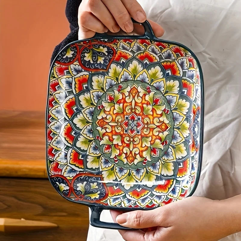 Boho Keramik Servierteller 23 cm – Florales Sushi-, Salat- & Abendessen Geschirr, Mikrowellen- & Spülmaschinenfest