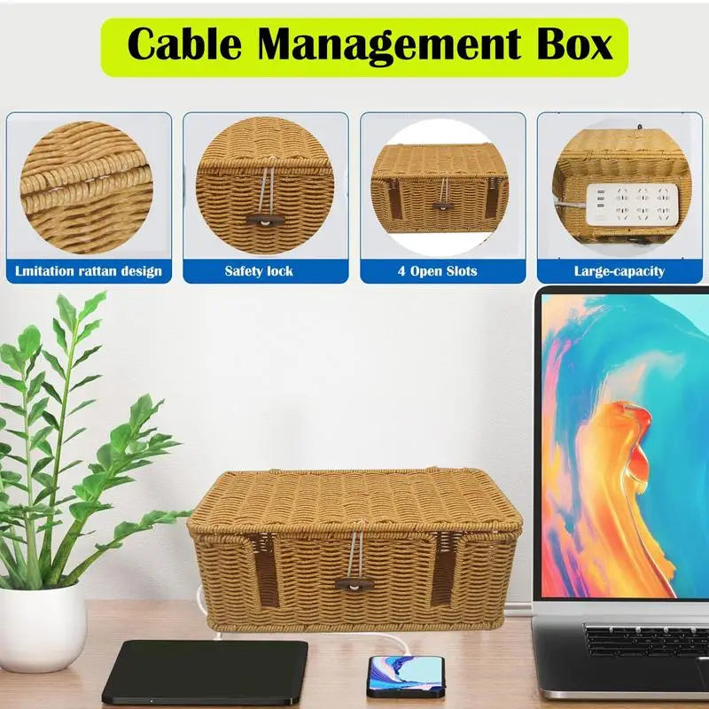 Handgefertigte Kabel-Aufbewahrungsbox aus Imitations-Rattan mit 4 Fächern – Praktischer Organizer für TV-Kabel, Computer, Router und USB-Ladegeräte