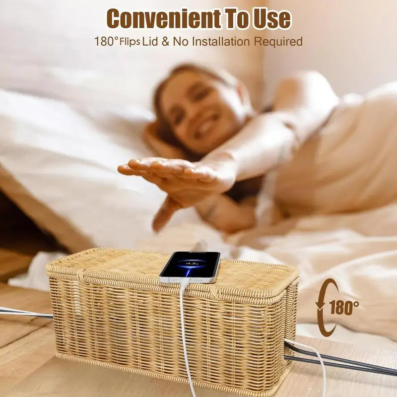 Rattan Kabel Organizer Box – Große Kapazität, Kinder- und Haustierschutz, Kabelmanagement Aufbewahrungskorb