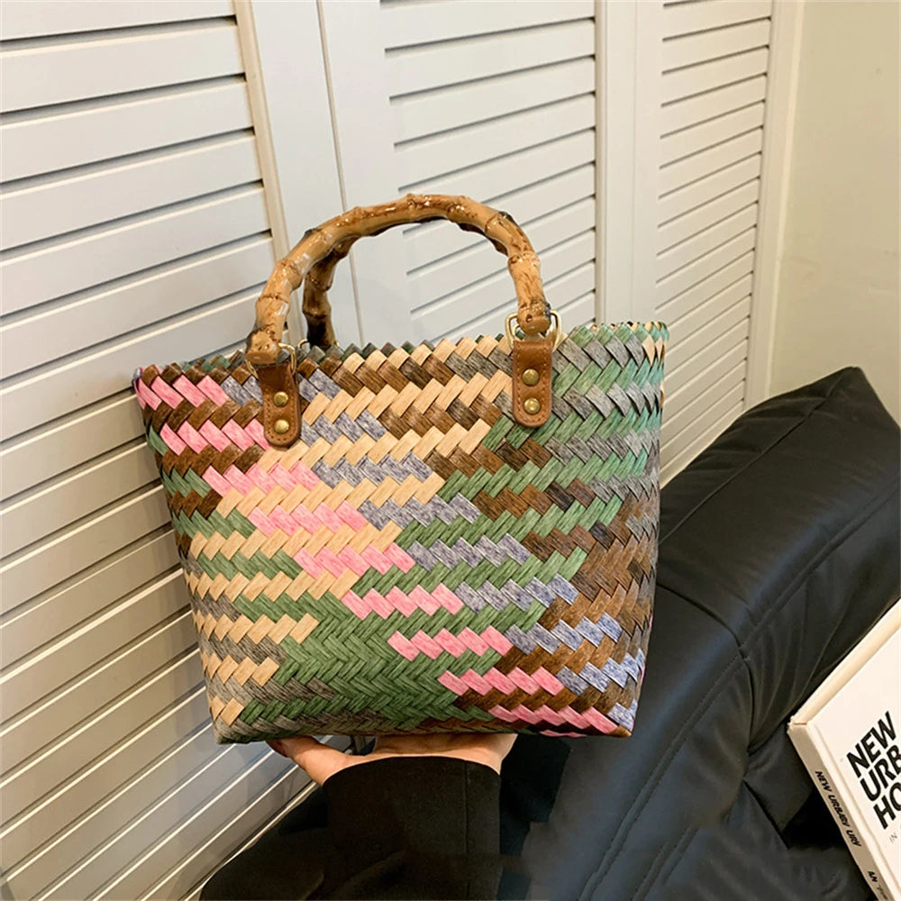 Retro Imitation Rattan Woven Bag – Boho Handtasche für Damen, Sommer Strand Tasche mit großer Kapazität