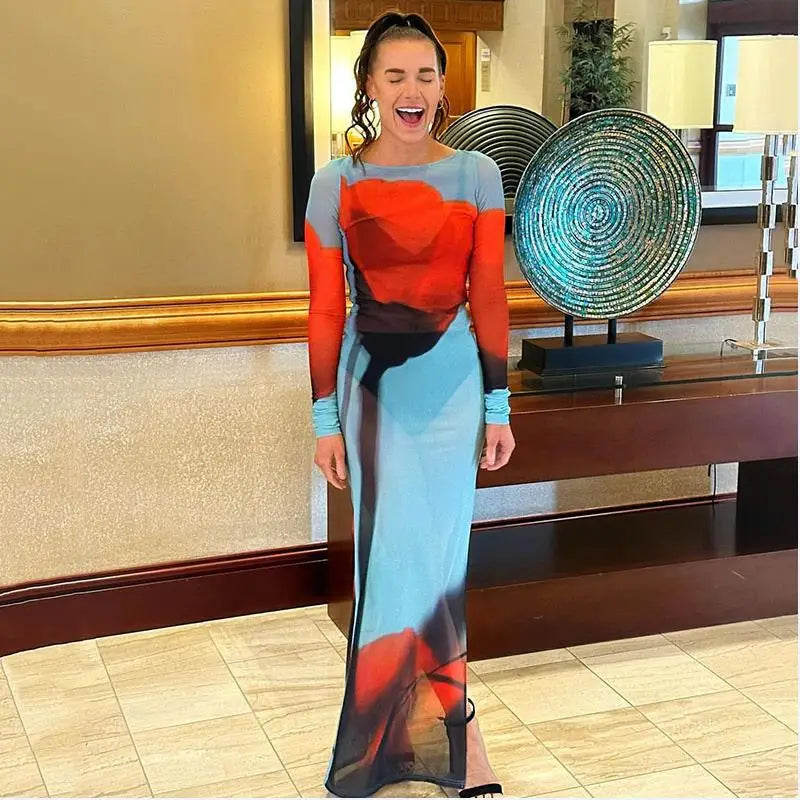 Yiiciovy Sexy Damen Slim Fit Long Beach Dress mit Blumenmuster, Seitenschlitz und Long Sleeve – Elegantes Mesh Bikini Cover-Up