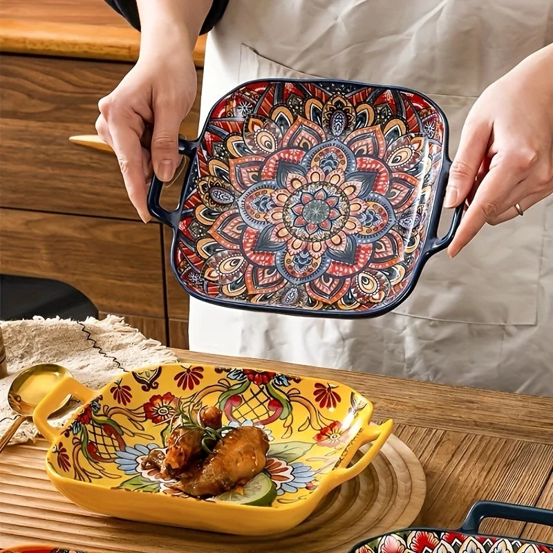 Boho Keramik Servierteller 23 cm – Florales Sushi-, Salat- & Abendessen Geschirr, Mikrowellen- & Spülmaschinenfest