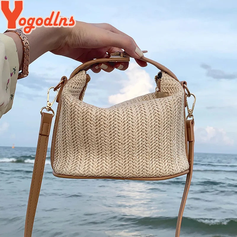 Yogodlns Sommerliche Kleine Strohtasche – Trendige Schultertasche, Geflochtene Bucket Bag für den Strand und Casual Alltag