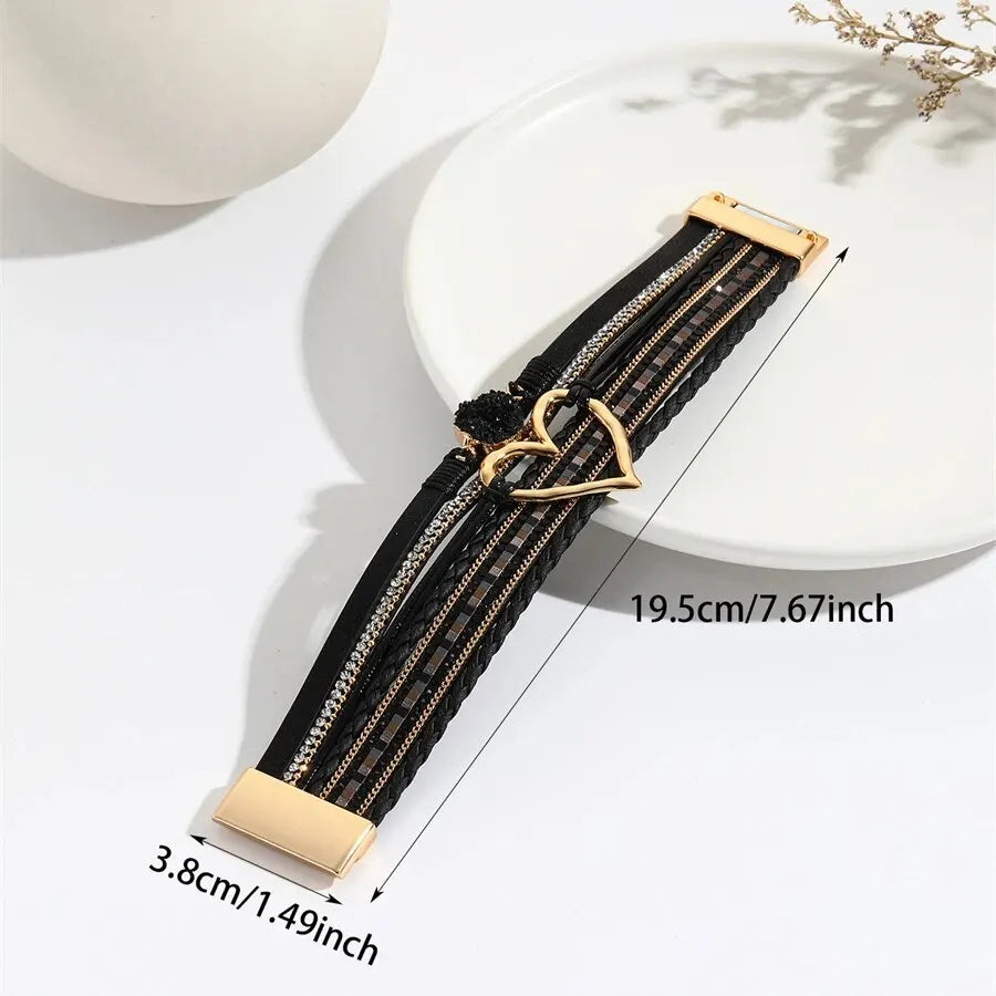 Boho-Lederarmband mit Herz-Charm – Fashion Armband für Damen mit Strass und Resin für Paare