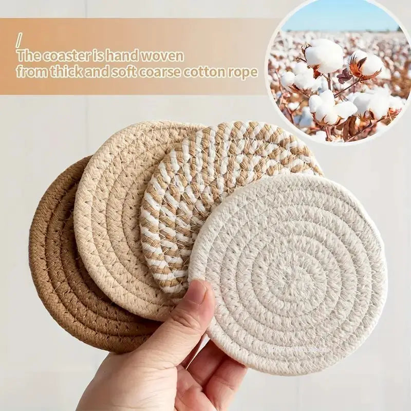 8er-Set Absorbierende Untersetzer für Getränke mit Halter – Minimalistische Baumwollgewebte Coaster für Tischdekoration im Boho-Stil