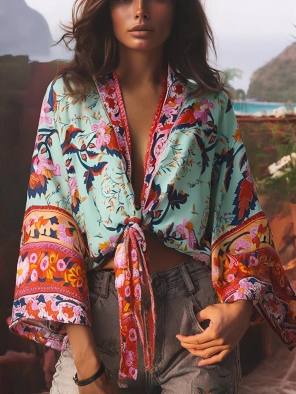 Boho Chic Vintage Peacock Floral Print Kimono für Damen – Batwing Ärmel Strandrobe aus Rayon und Baumwolle