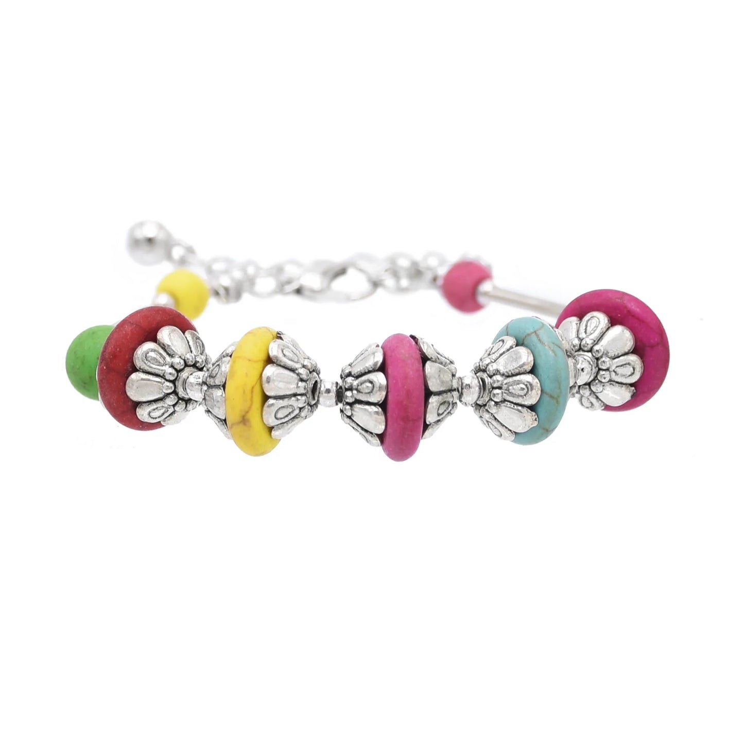 Gypsy Tribal Tibetan Bracelet für Damen & Herren – Boho Vintage Silber Turquoise Elastisches Bangle – Afghanisches, Türkisches, Ethnisches Indisches Schmuckstück