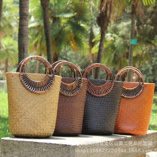 Vintage Rattan Bucket Handtasche – Stilvolle Strohtasche für Jeden Anlass