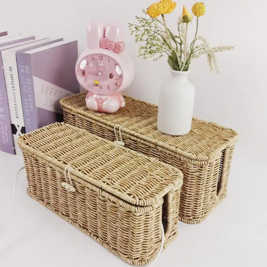 Kabel-Management-Box aus Rattan, Handgefertigter Kabelorganizer mit 2 offenen Fächern, Unter-Schreibtisch Kabelaufbewahrung