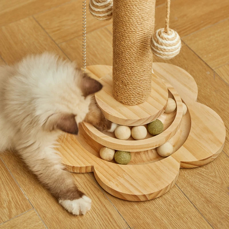 Katzenspielzeug-Turm aus Holz – Interaktives Kratzbrett mit Drehplatte und Sisal-Bällen für Ihre Katze