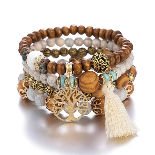 4-teiliges Boho Holz Perlen Armband Set für Frauen – Baum des Lebens mit weißen Fransen Charme, elastischer Kettenbangle, Bohemia Schmuck