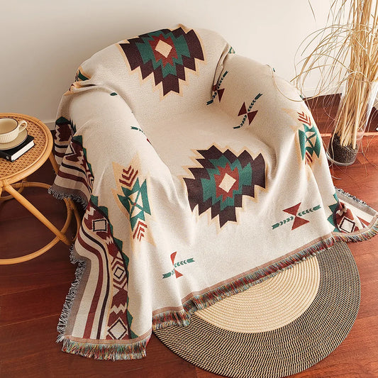 Aztec Boho Decke mit Fransen – Oversized, Wendedesign im Southwestern-Geometric Stil, Vintage Woven Tapestry, Für Sofa und Bett