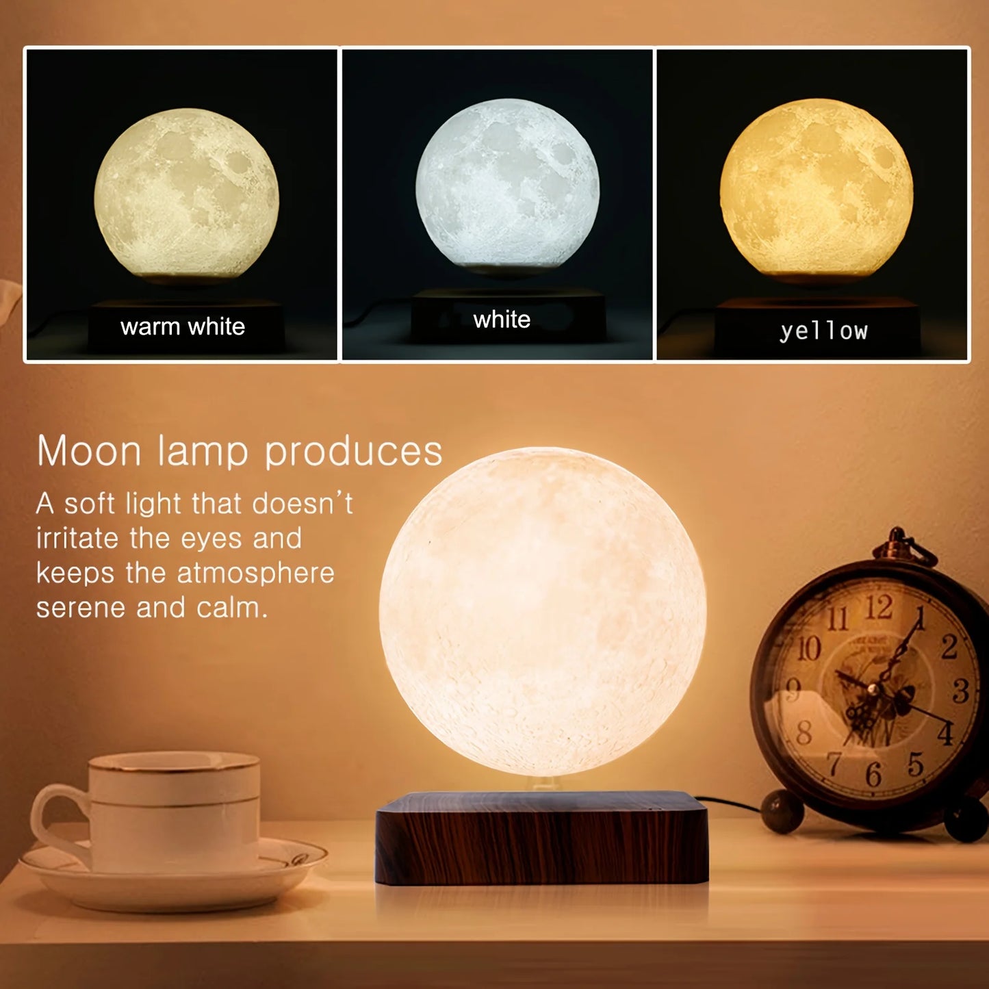 Levitating Moon Lamp – Kreative Schwebende 3D Gedruckte LED-Tischlampe mit Holzsockel für Büro, Schlafzimmer und als Geschenk