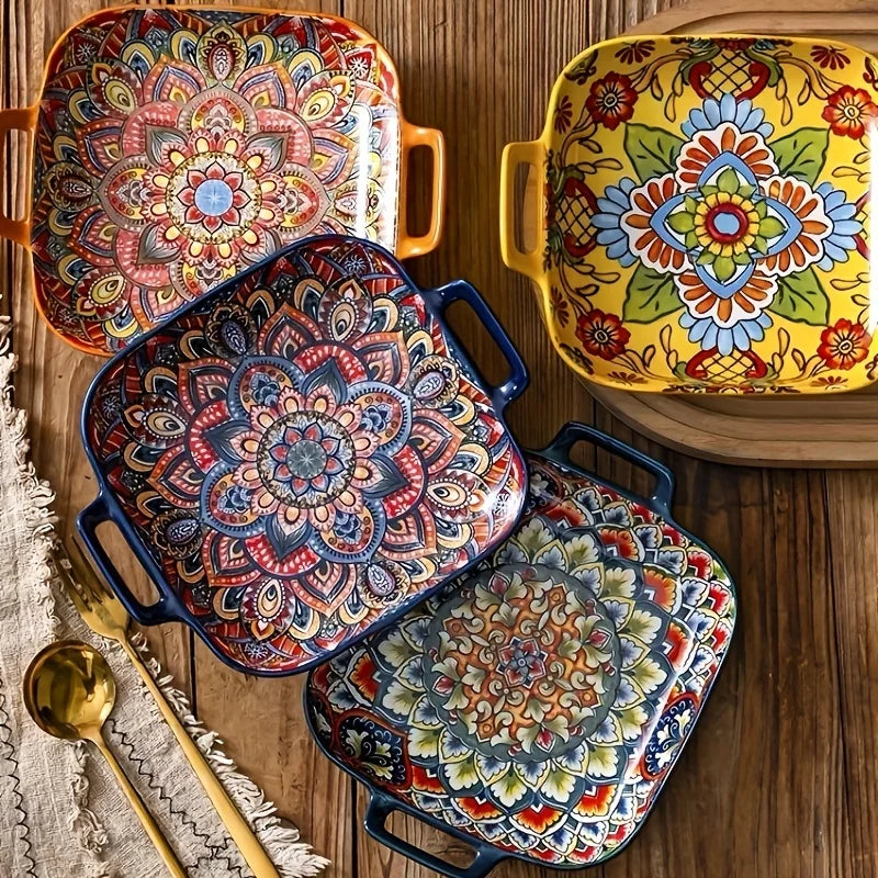 Boho Keramik Servierteller 23 cm – Florales Sushi-, Salat- & Abendessen Geschirr, Mikrowellen- & Spülmaschinenfest