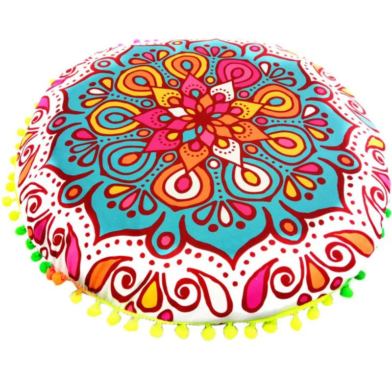 Runder Mandala Kissenbezug – Boho Stil Pouf Kissenhülle im Indianischen Design für Bodenpillow und Dekoration