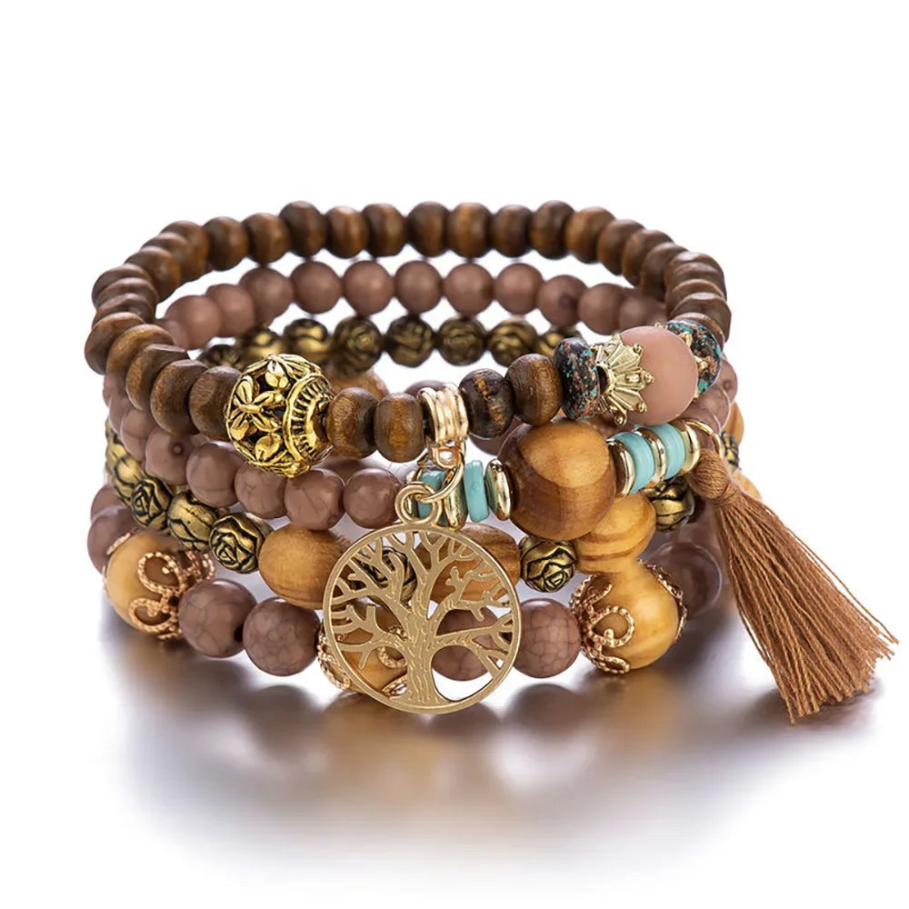 4-teiliges Boho Holz Perlen Armband Set für Frauen – Baum des Lebens mit weißen Fransen Charme, elastischer Kettenbangle, Bohemia Schmuck