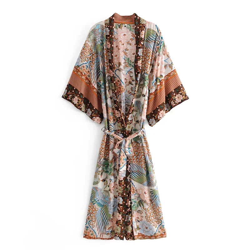 Happie Queens Bohemian Kimono Maxi Robe für Damen mit Pfauen- und Blumenprint – V-Ausschnitt, Batwing-Ärmel, Sommer-Bikini-Überwurf