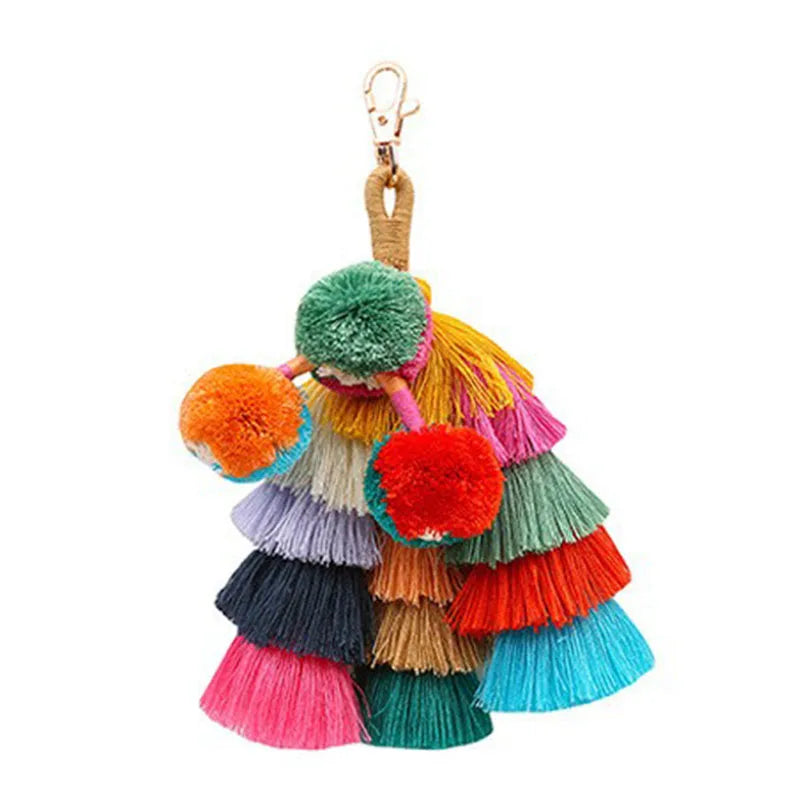 Bohemian Stil Quasten & Plüsch Ball Schlüsselanhänger – Dekorativer Rucksack Anhänger für Damen