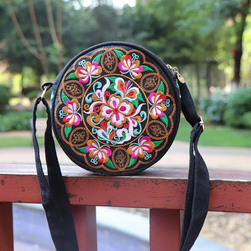 Vintage Boho Ethno Stickerei Rundtasche – Kleine Damen Umhängetasche