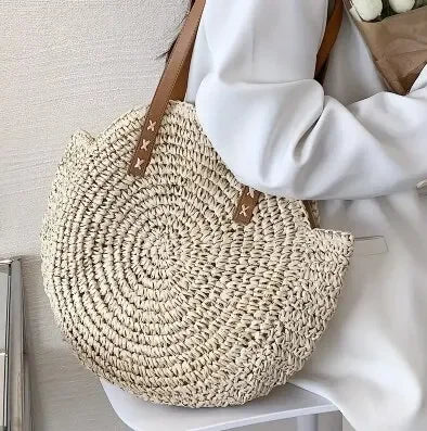 Runde Strohtasche Boho Stil – Handgefertigte Woven Schultertasche aus Rattan für Sommer & Urlaub