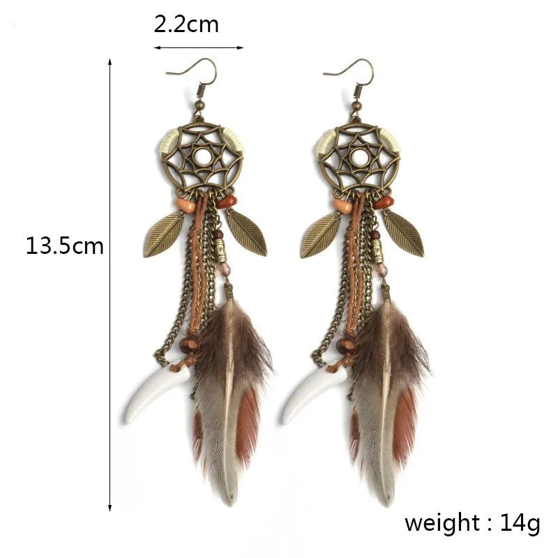 Boho Tribal Ethnische Dream Catcher Ohrringe mit Federn und Fransen – Vintage Style für Frauen