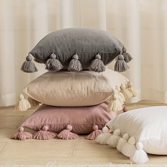 Boho Stil Kissenbezug aus Samt mit Handgefertigten Quasten – Dekorative Wohndeko für Ihr Zuhause