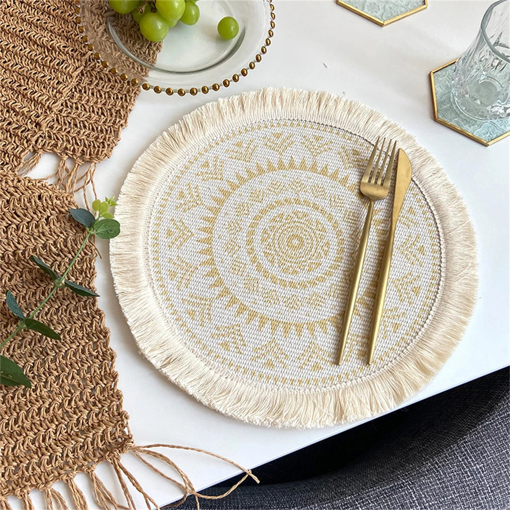 Boho Runde Tischmatte – Handgewebte Leinen-Tassel-Platzmatte mit Stickerei, Rutschfest, Isolierend, für Esszimmer und Küchen Dekoration