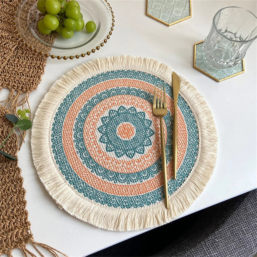 Boho Runde Tischmatte – Handgewebte Leinen-Tassel-Platzmatte mit Stickerei, Rutschfest, Isolierend, für Esszimmer und Küchen Dekoration