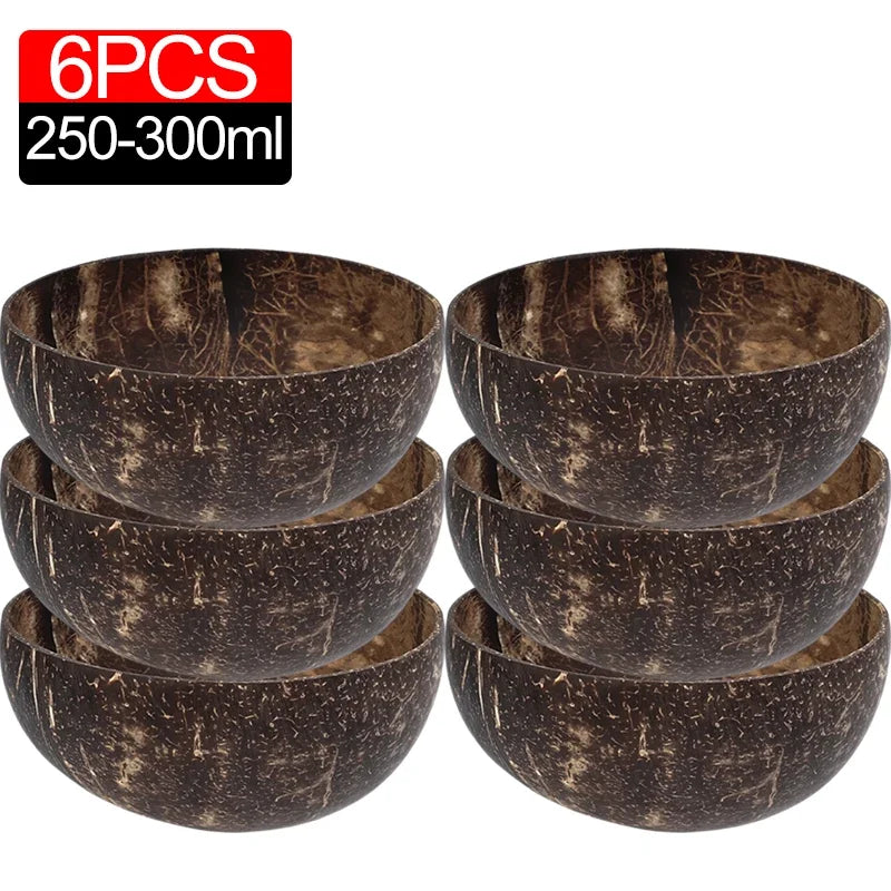 Natürliche Kokosnussschalen Set – 6/1 Stück Holzsalatschalen mit Löffel für Smoothies und Ramen