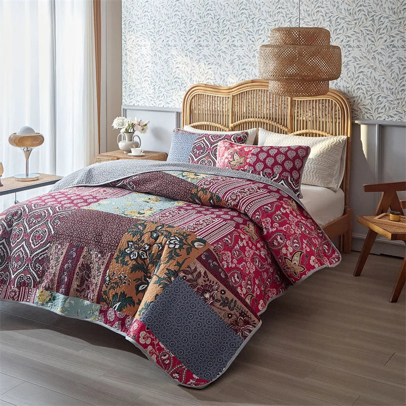 Boho Floral Patchwork Bettdecken-Set – Reversible Soft Bedding für Alle Jahreszeiten, Farmhouse & Garten Stil