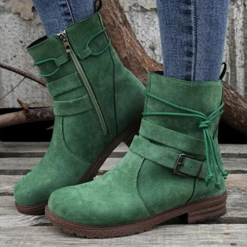 Damen Chelsea Boots aus Wildleder – Retro Gothic Motorradstiefel für Herbst & Winter – Bequeme Ankle Boots im Gladiator-Stil"